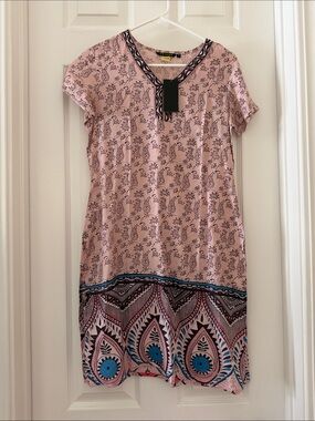 Melange Pink Printed silk Short-Sleeve Kurti with Blue/brown Border